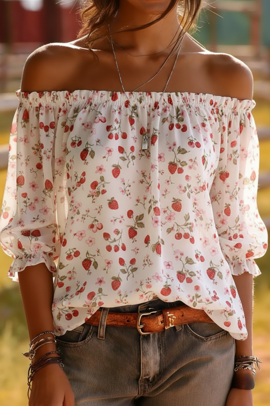 Strawberry Cherry Print Off-Shoulder Blouse - Puff Sleeve Top