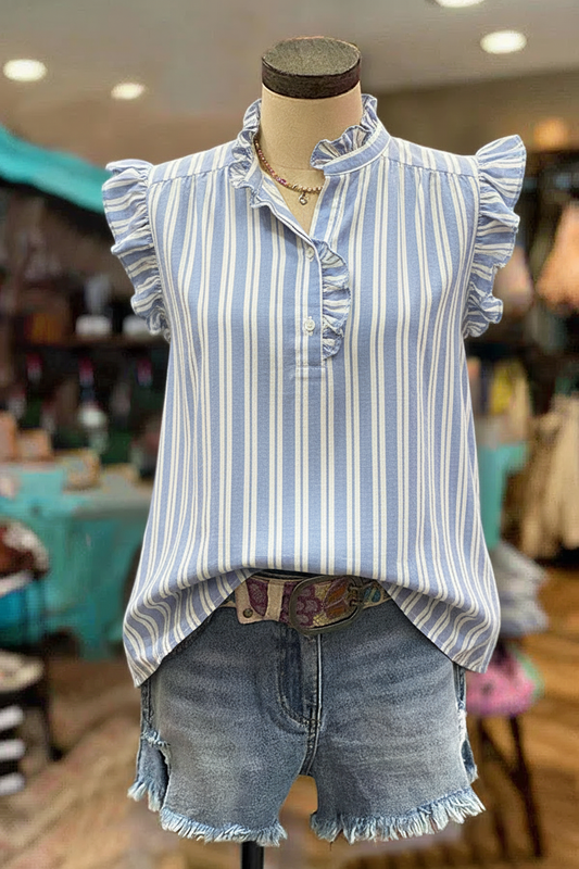 Sky Blue Breton Stripe Flutter Sleeve Ruffle-Neck Blouse