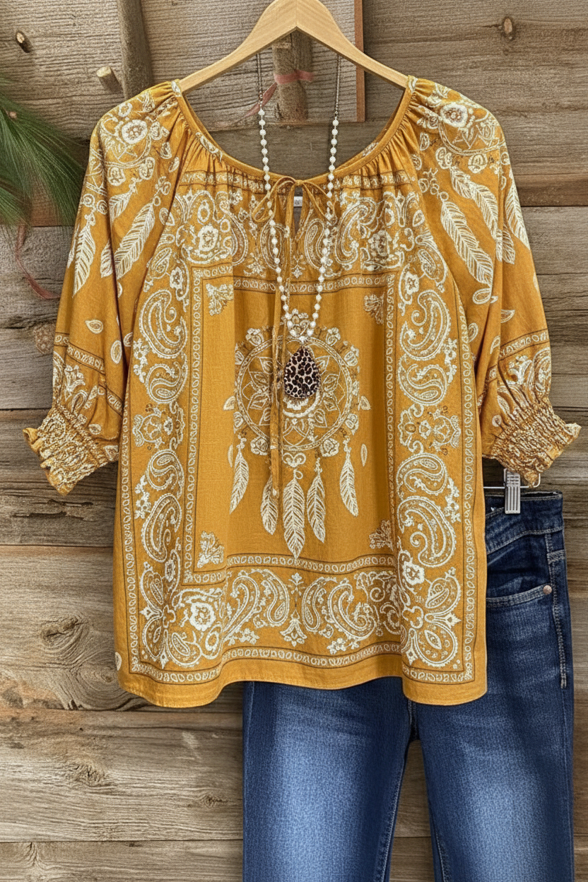 Mustard Yellow Dreamcatcher Print Gathered Neckline Puff Sleeve Top