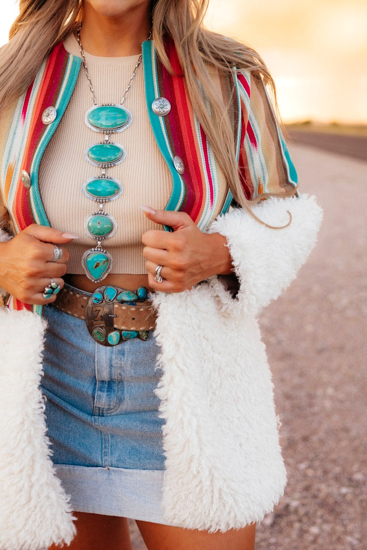 Serape Stripe & White Faux Fur Long Sleeve Western Jacket - Detail Close Up