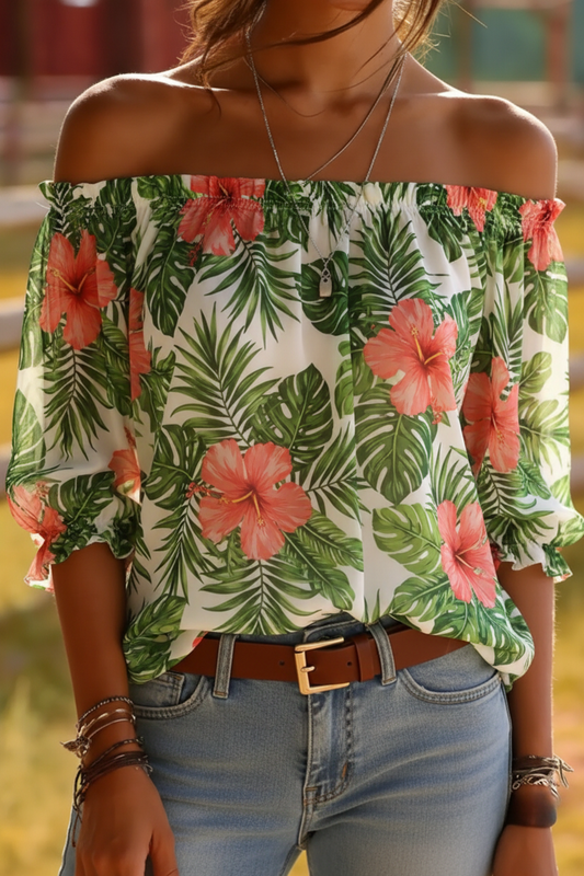 Tropical Leaf Print Off-Shoulder Blouse - Puff Sleeve Top