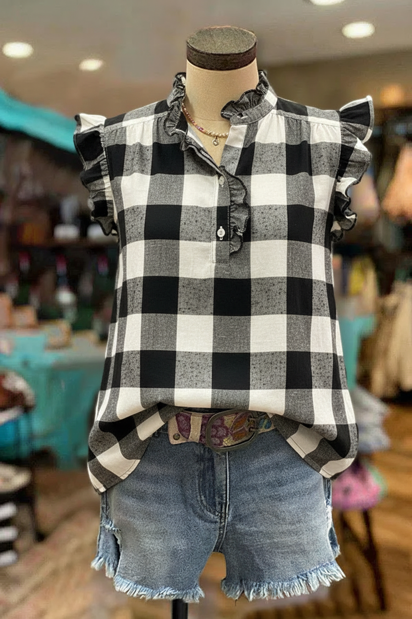 Black & White Buffalo Check Flutter Sleeve Ruffle-Neck Blouse