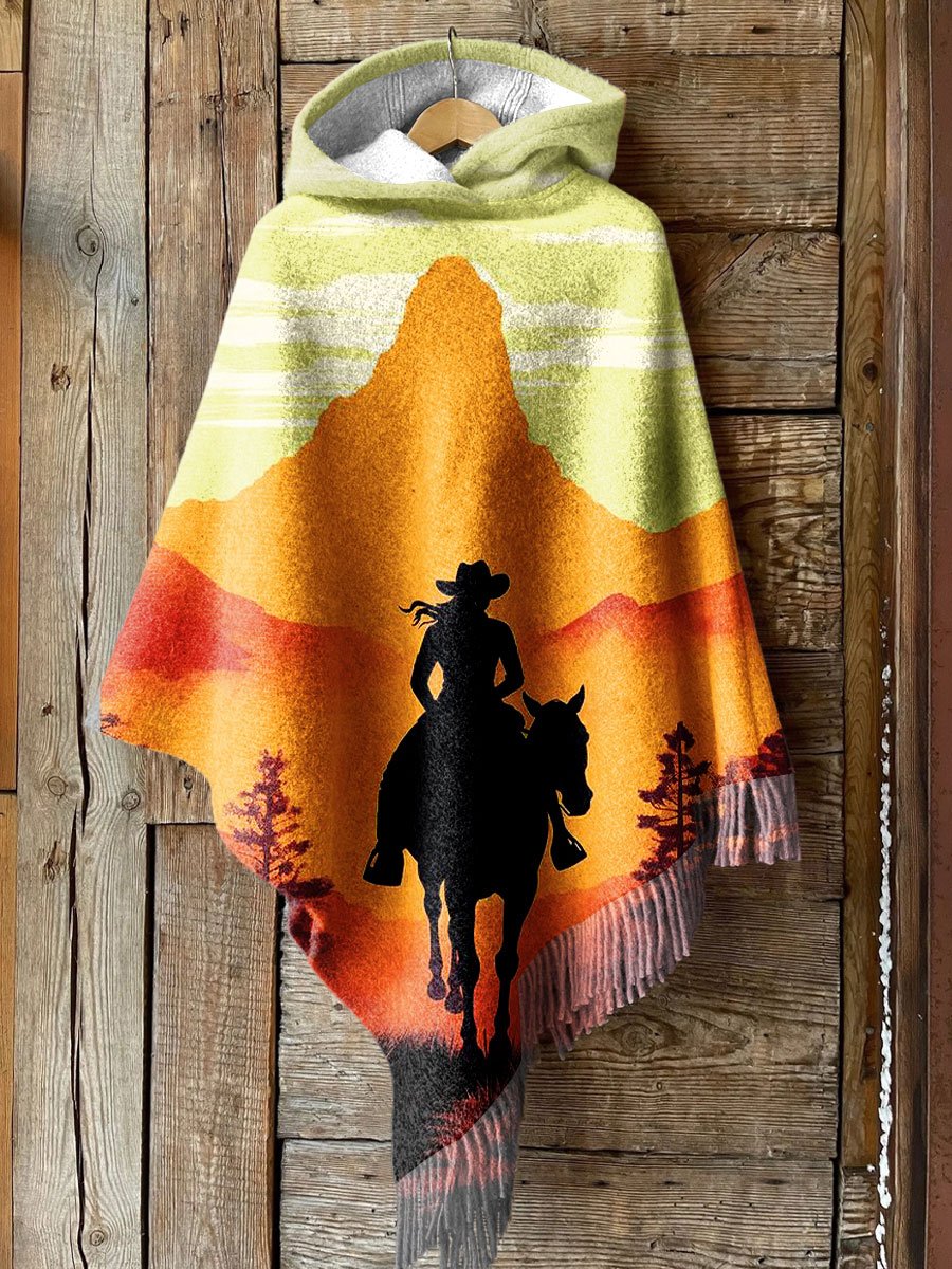 Women's Retro Sunset Cool Back Art Print Casual Knitted Blanket Poncho Hood Cape