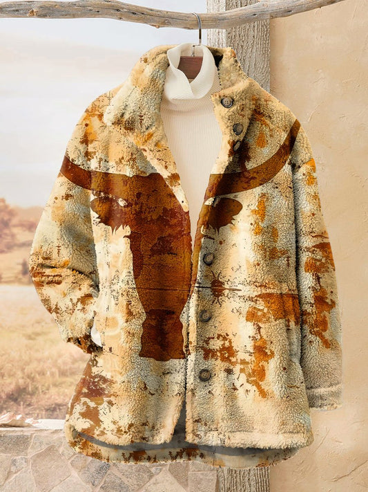 Women's Vintage Wild West Art Print Casual Sherpa Coat Cardigan