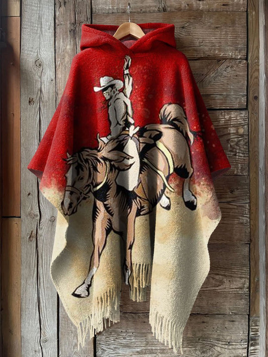 Women's Vintage Print Casual Knitted Blanket Poncho Hood Cape