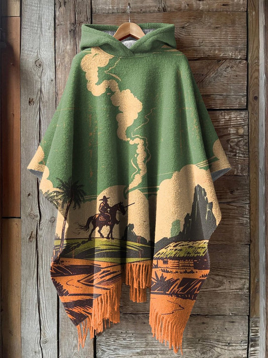 Vintage Style Western Cowboy Art Printed Casual Knitted Blanket Poncho Hood Cape