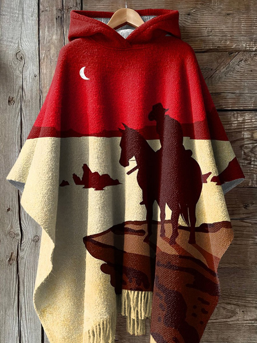 Western Life Cowboy Art Printed Casual Knitted Blanket Poncho Hood Cape