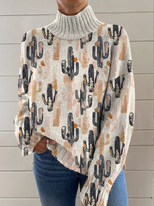 Cactus Seamless Printing Knit Turtleneck Pullover Sweater