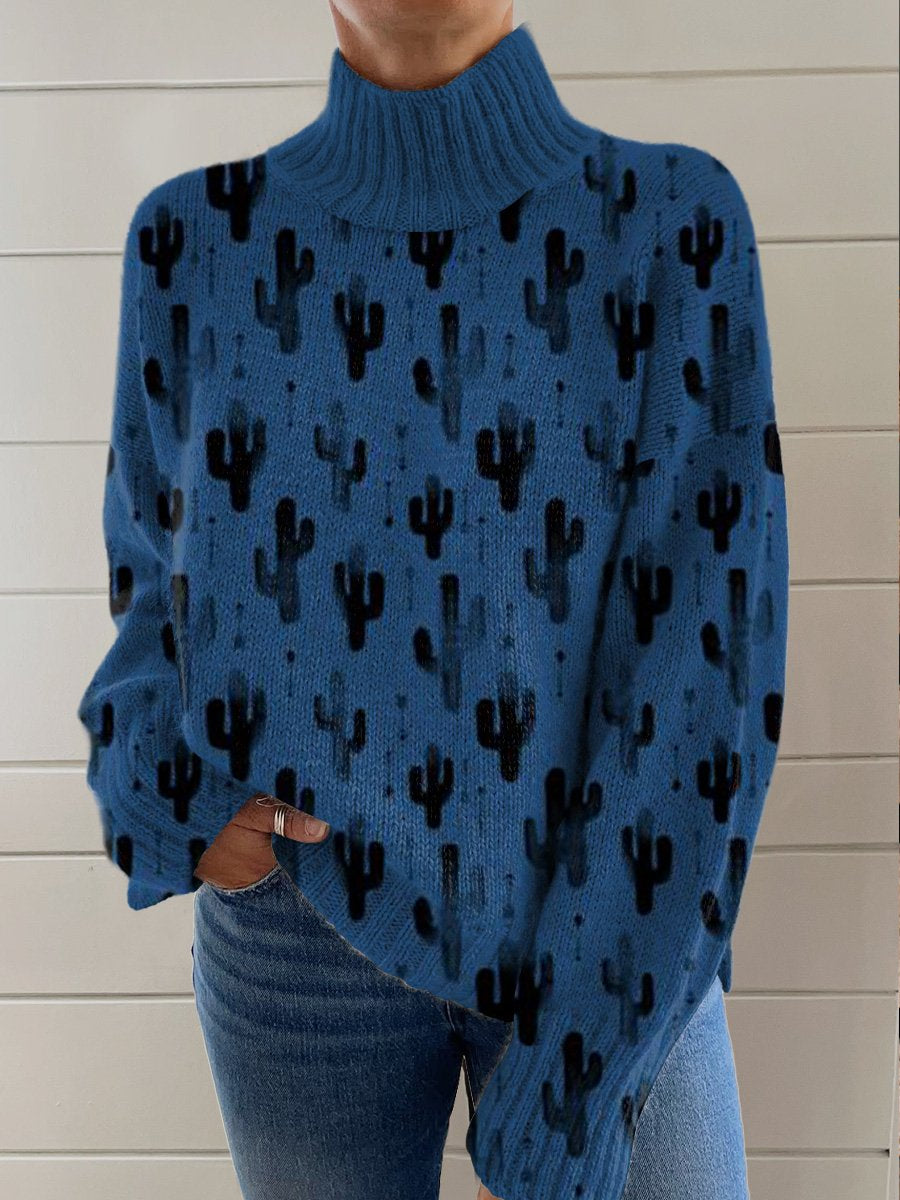 Blue Cactus Seamless Printing Knit Turtleneck Pullover Sweater