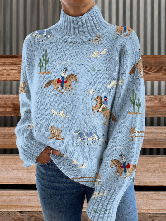 Vintage Print Knit Turtleneck Pullover Sweater