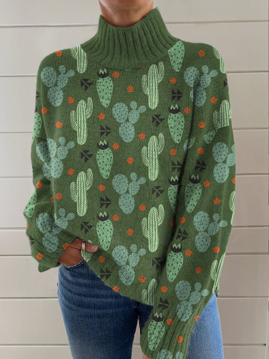 Green Geometric Cactus Printing Knit Turtleneck Pullover Sweater