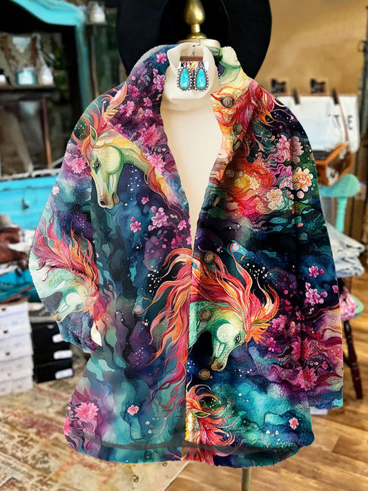 Women's Retro Abstract Colorful Warhorse Art Casual Sherpa Coat Cardigan