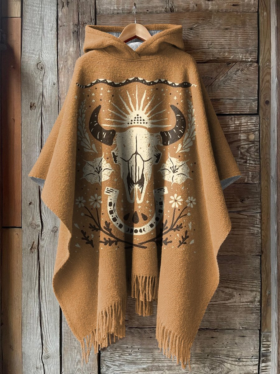 Western Buffalo Skull Art Printed Casual Knitted Blanket Poncho Hood Cape