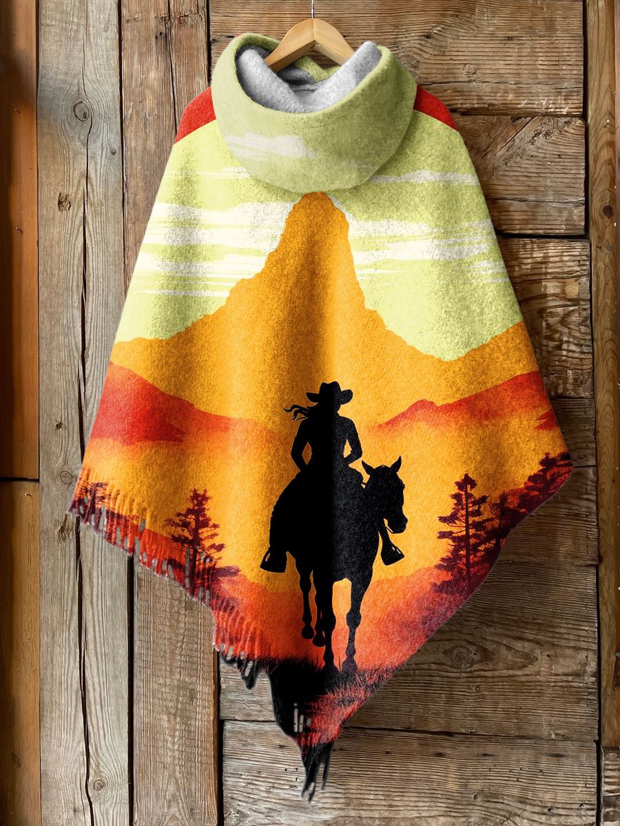 Women's Retro Sunset Cool Back Art Print Casual Knitted Blanket Poncho Hood Cape