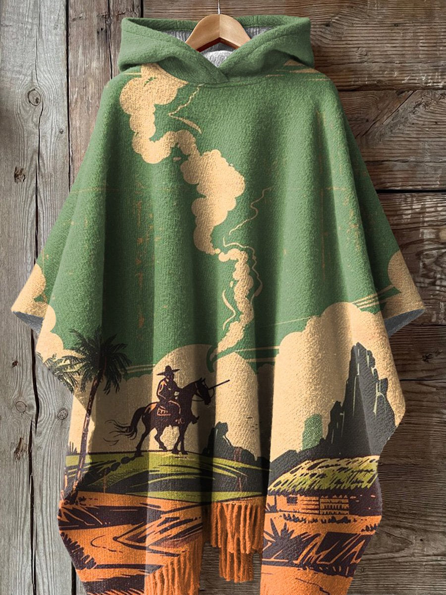 Vintage Style Western Cowboy Art Printed Casual Knitted Blanket Poncho Hood Cape