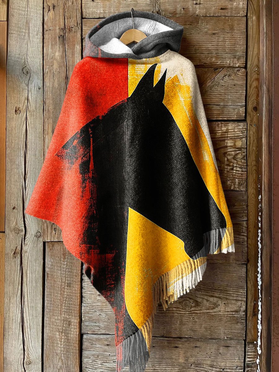 Women's Retro Abstract Warhorse Art Print Casual Knitted Blanket Poncho Hood Cape