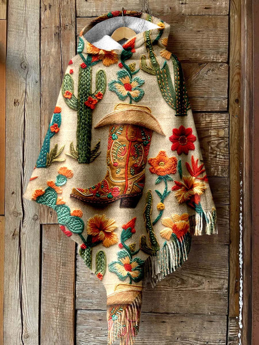 Women's Cactus Print Casual Knitted Blanket Poncho Hood Cape