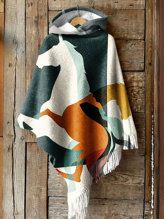 Women's Retro Abstract Warhorse Art Print Casual Knitted Blanket Poncho Hood Cape