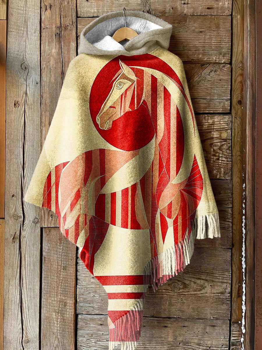 Women's Retro Abstract Warhorse Art Print Casual Knitted Blanket Poncho Hood Cape