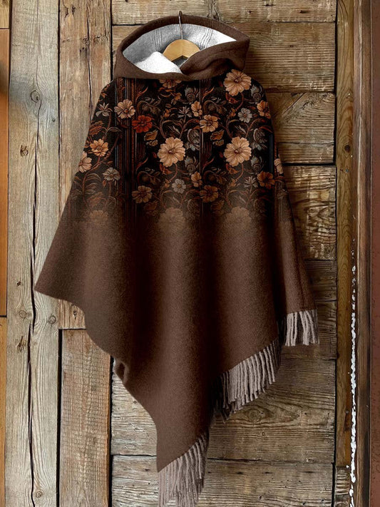 Women's Brown Print Casual Knitted Blanket Poncho Hood Cape