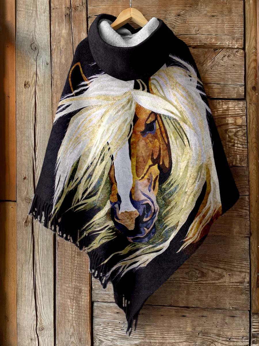 Women's Horse Art Print Casual Knitted Blanket Poncho Hood Cape