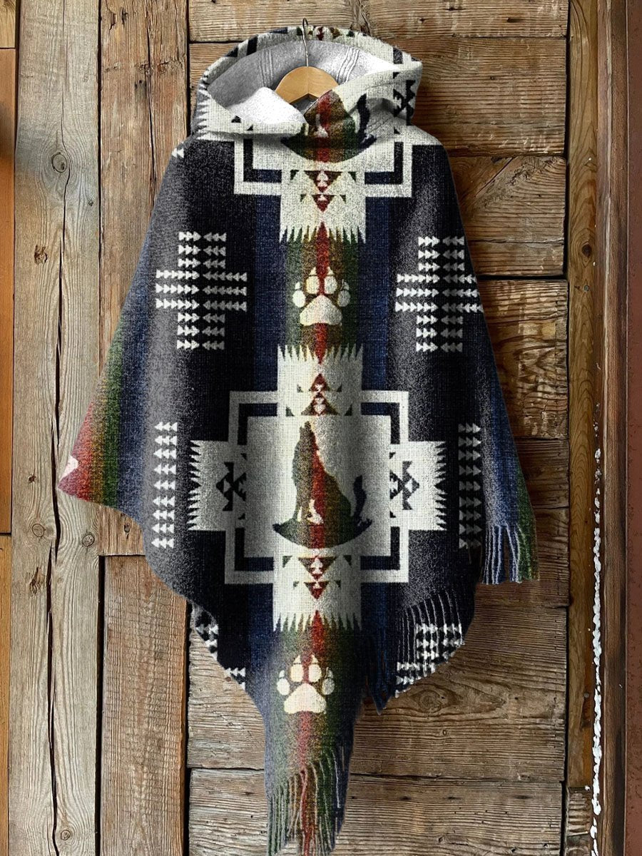 Women's Retro Geometric and Wolf Patterns Art Print Casual Knitted Blanket Poncho Hood Cape