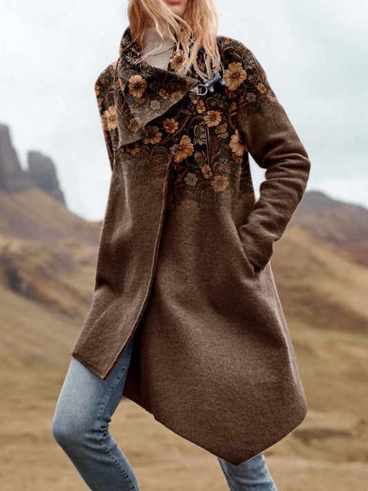 Women's Brown Print Casual Asymmetrical Coat