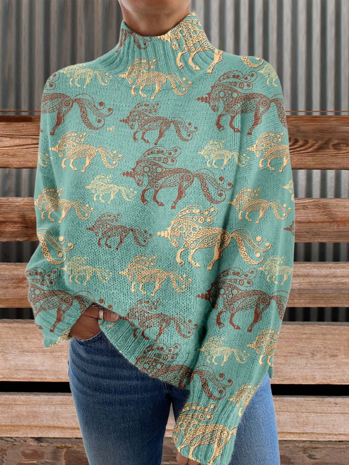 Horse Print Knit Turtleneck Pullover Sweater