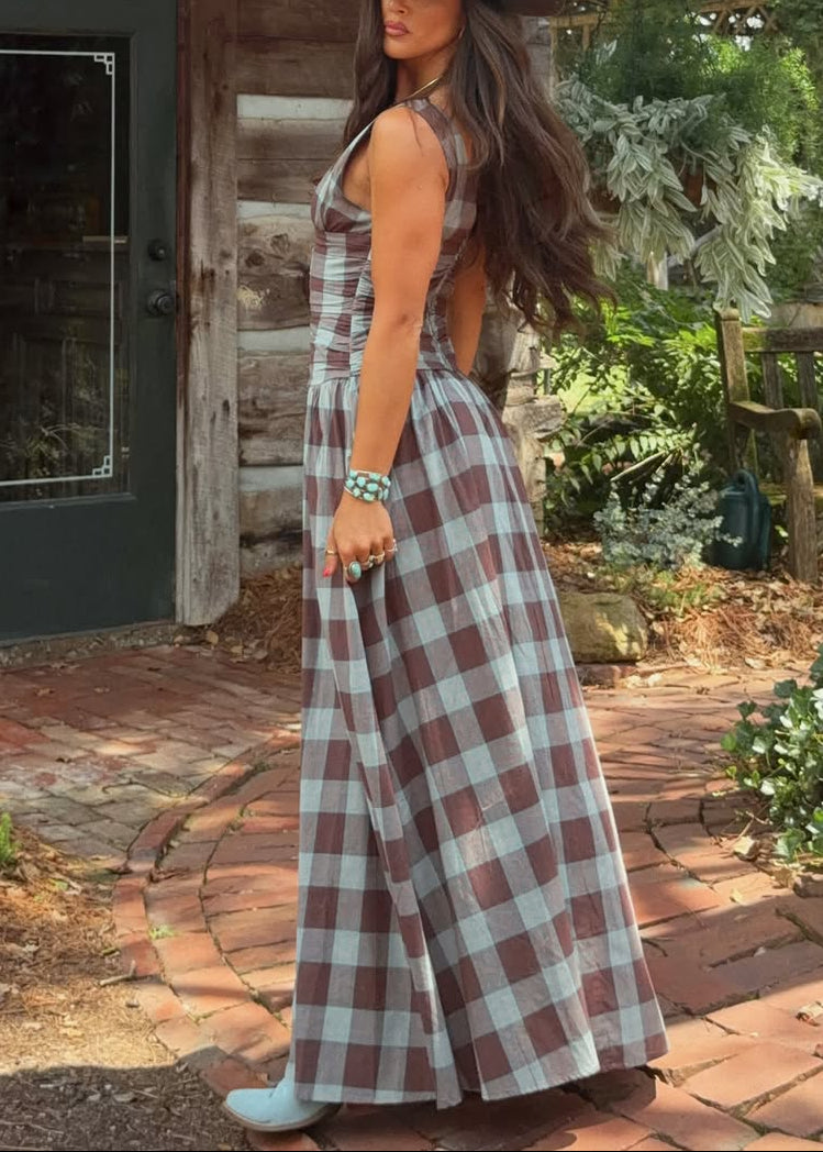 Plaid Ruched Drop-Waist Maxi Dress