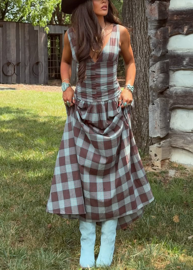 Plaid Ruched Drop-Waist Maxi Dress