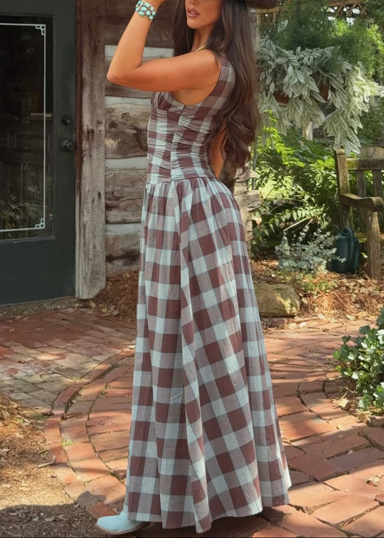 Plaid Ruched Drop-Waist Maxi Dress