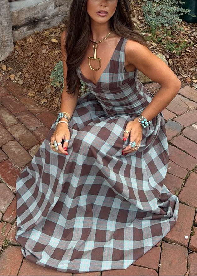 Plaid Ruched Drop-Waist Maxi Dress