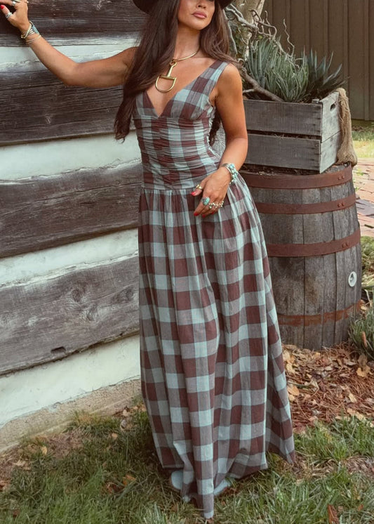 Plaid Ruched Drop-Waist Maxi Dress