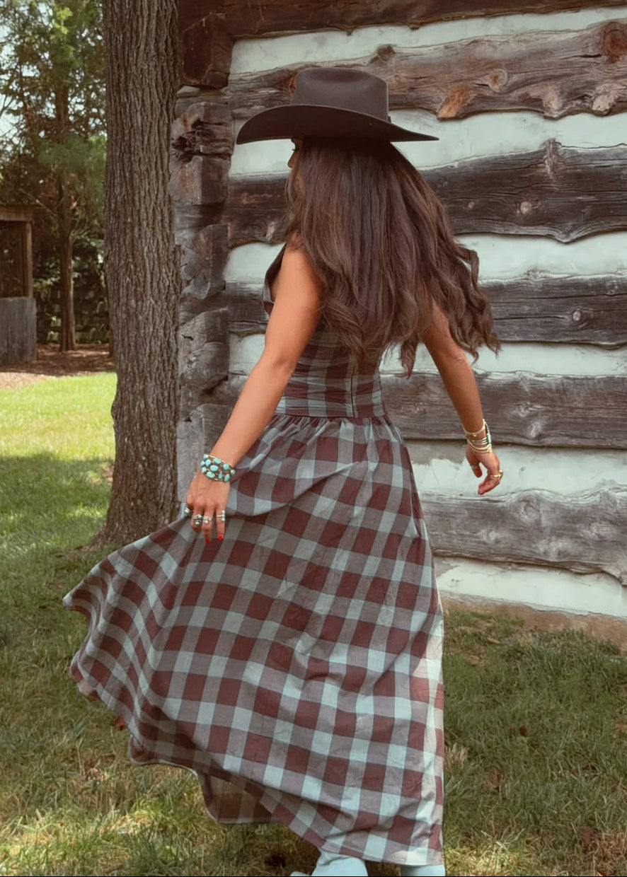 Plaid Ruched Drop-Waist Maxi Dress