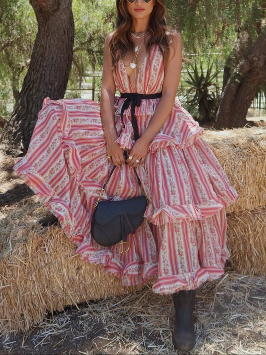 Pink Striped Ruffle Tiered Midi Dress