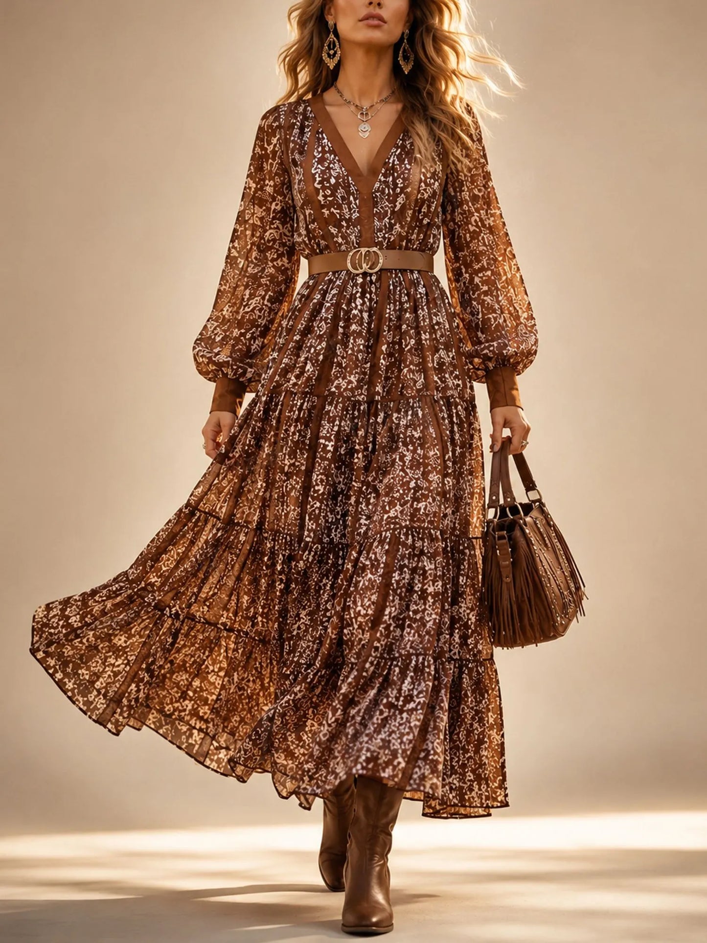 Brown Vintage Floral Deep V Lantern Sleeve Tiered Maxi Dress