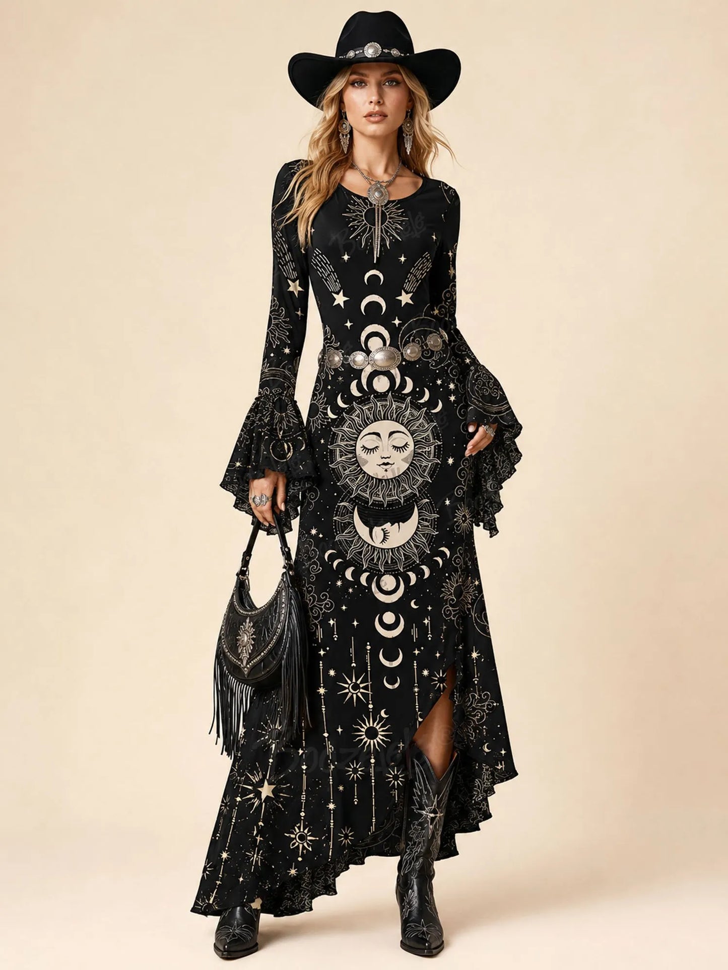 Black Gold Foil Celestial Print Bell Sleeve Slit Boho Maxi Dress