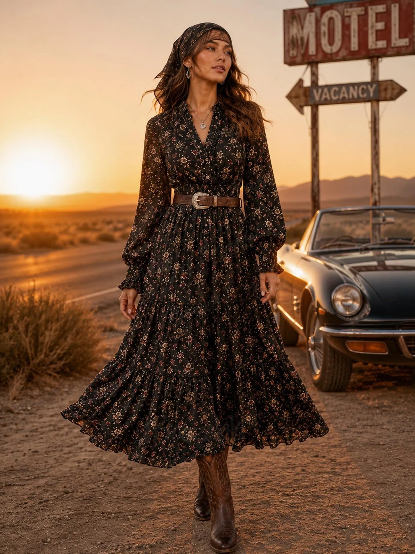 Midnight Black Vintage Floral Tiered Ruffle Balloon Sleeve Smocked Waist Maxi Dress