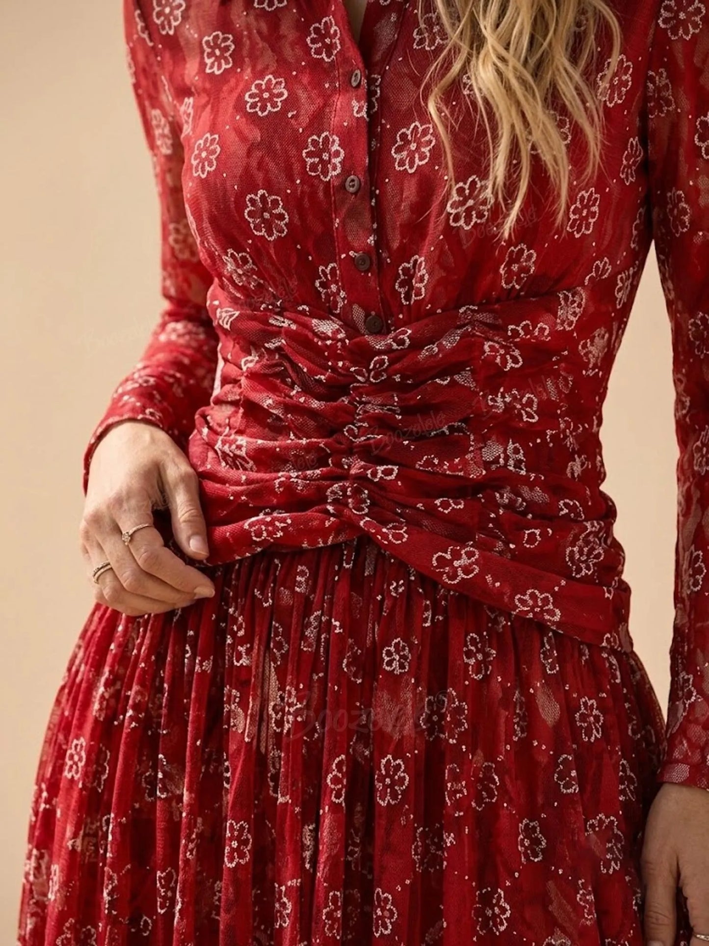 Rustic Red Floral Ruched Waist Lapel Long Sleeve Pleated Maxi Shirt Dress