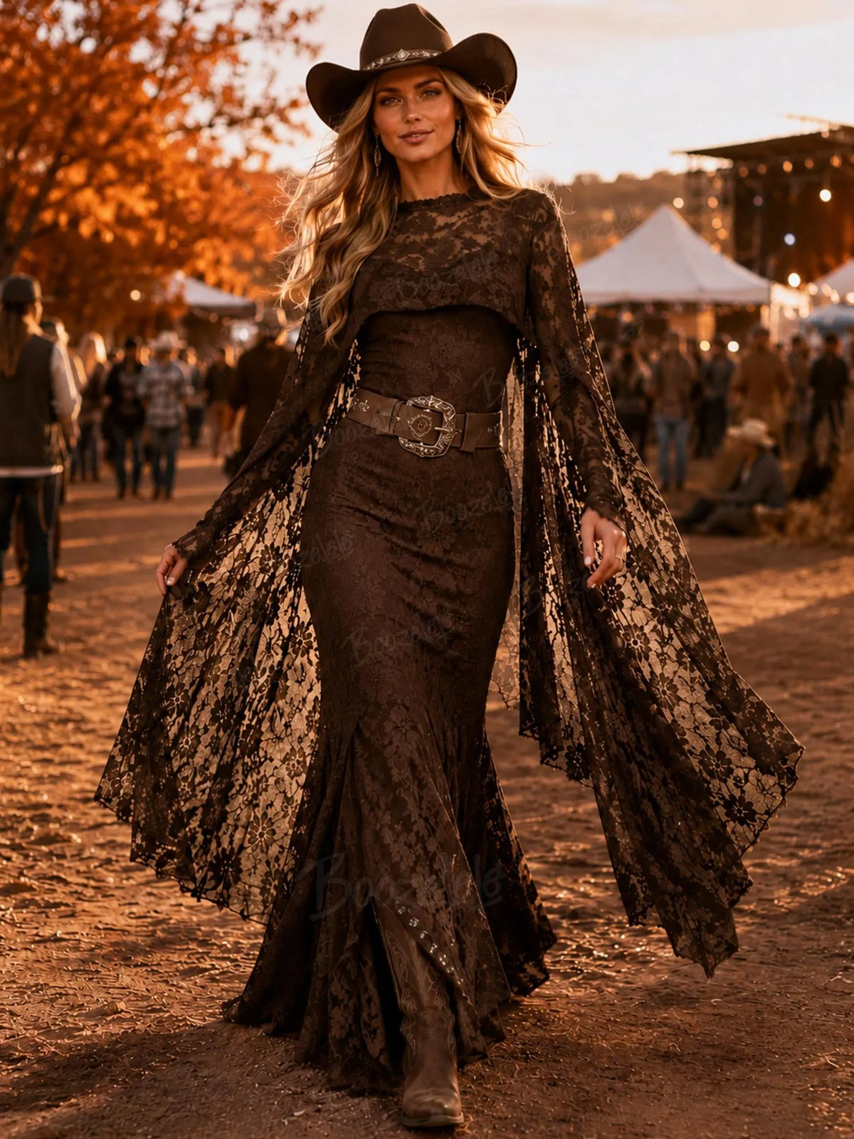 Perfect for a Western Country Wedding Guest — Women's dark brown, slim-fit,  featuring a lace shawl with ribbon ties Maxi Dress.