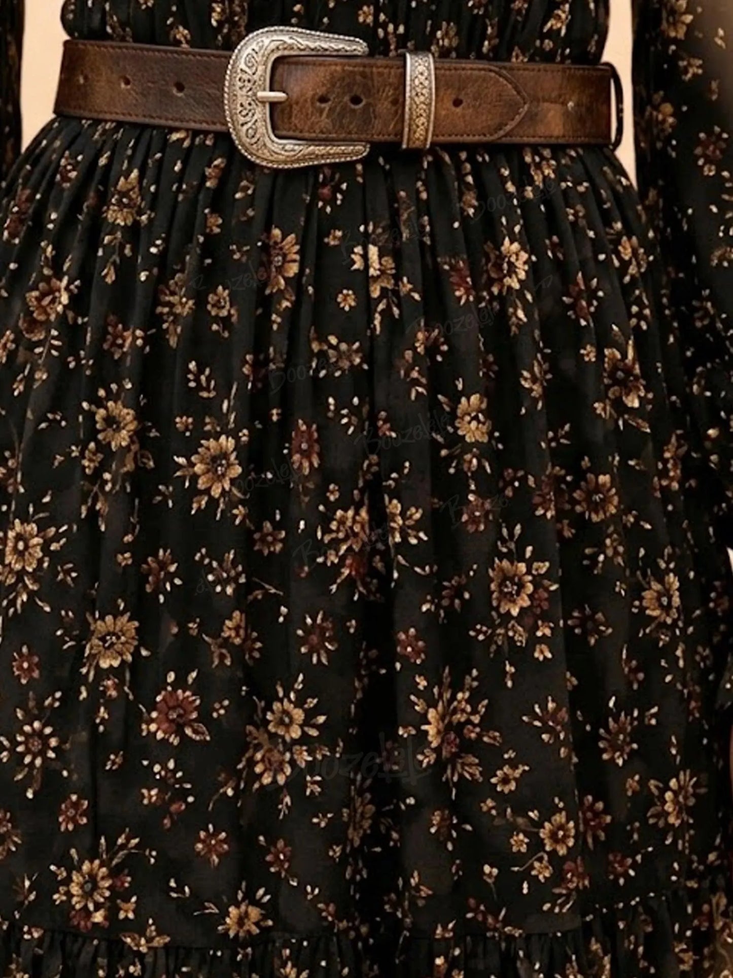 Midnight Black Vintage Floral Tiered Ruffle Balloon Sleeve Smocked Waist Maxi Dress