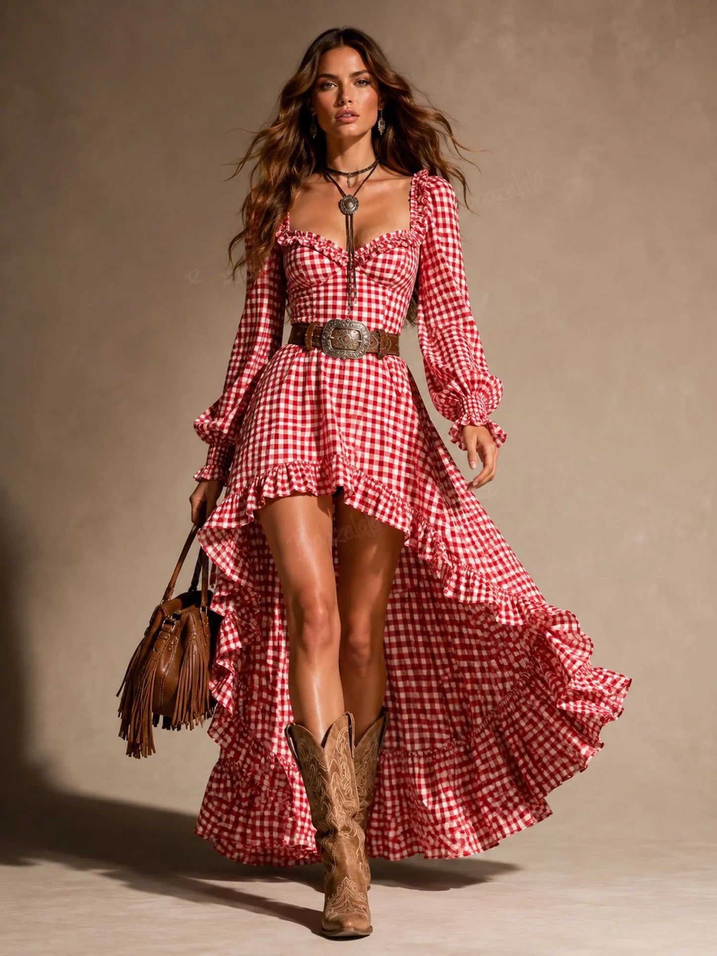 Vacation-Ready Red Gingham High-Low Ruffled Maxi Dress