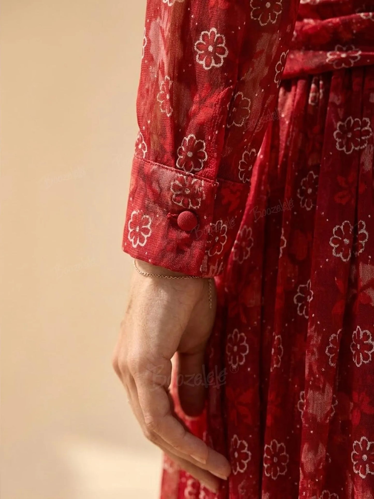 Rustic Red Floral Ruched Waist Lapel Long Sleeve Pleated Maxi Shirt Dress