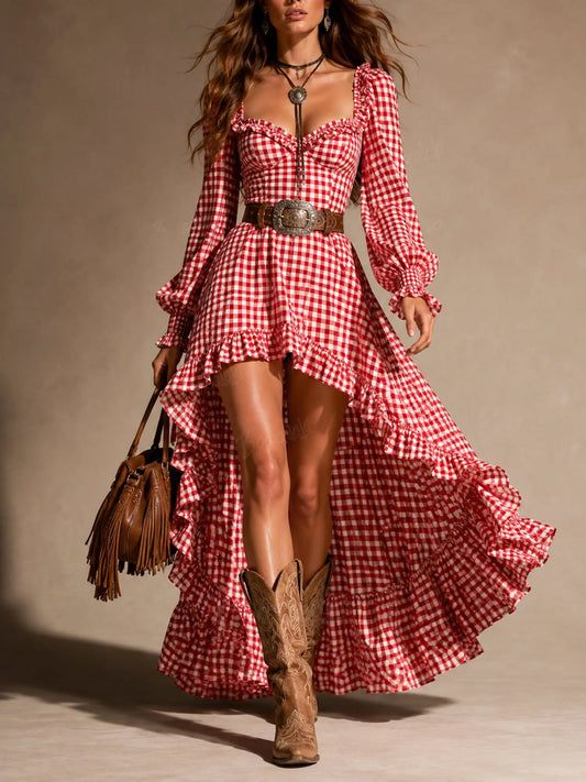 Vacation-Ready Red Gingham High-Low Ruffled Maxi Dress