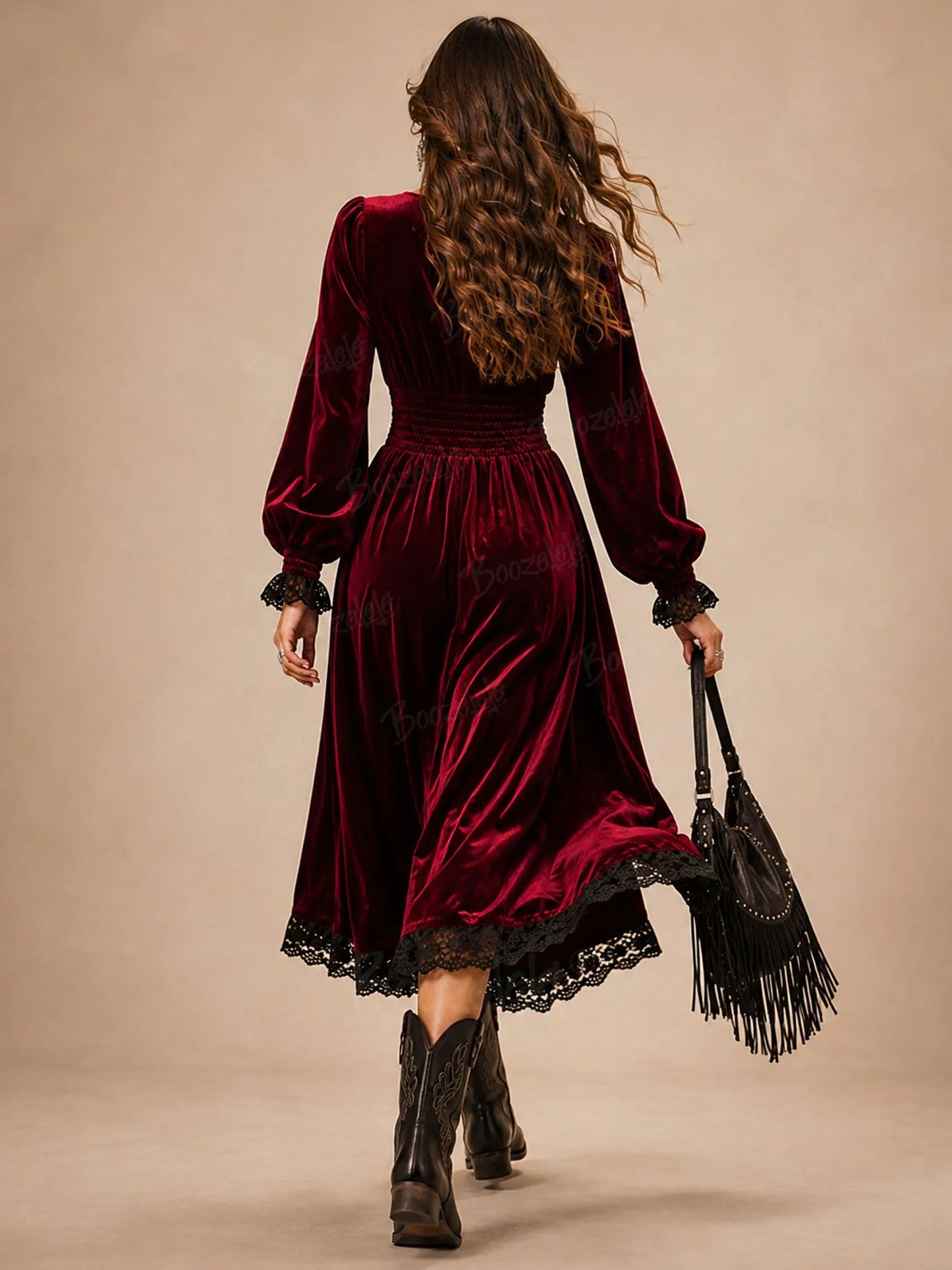Red Modern Western Lace-Detail Velvet Midi Dress