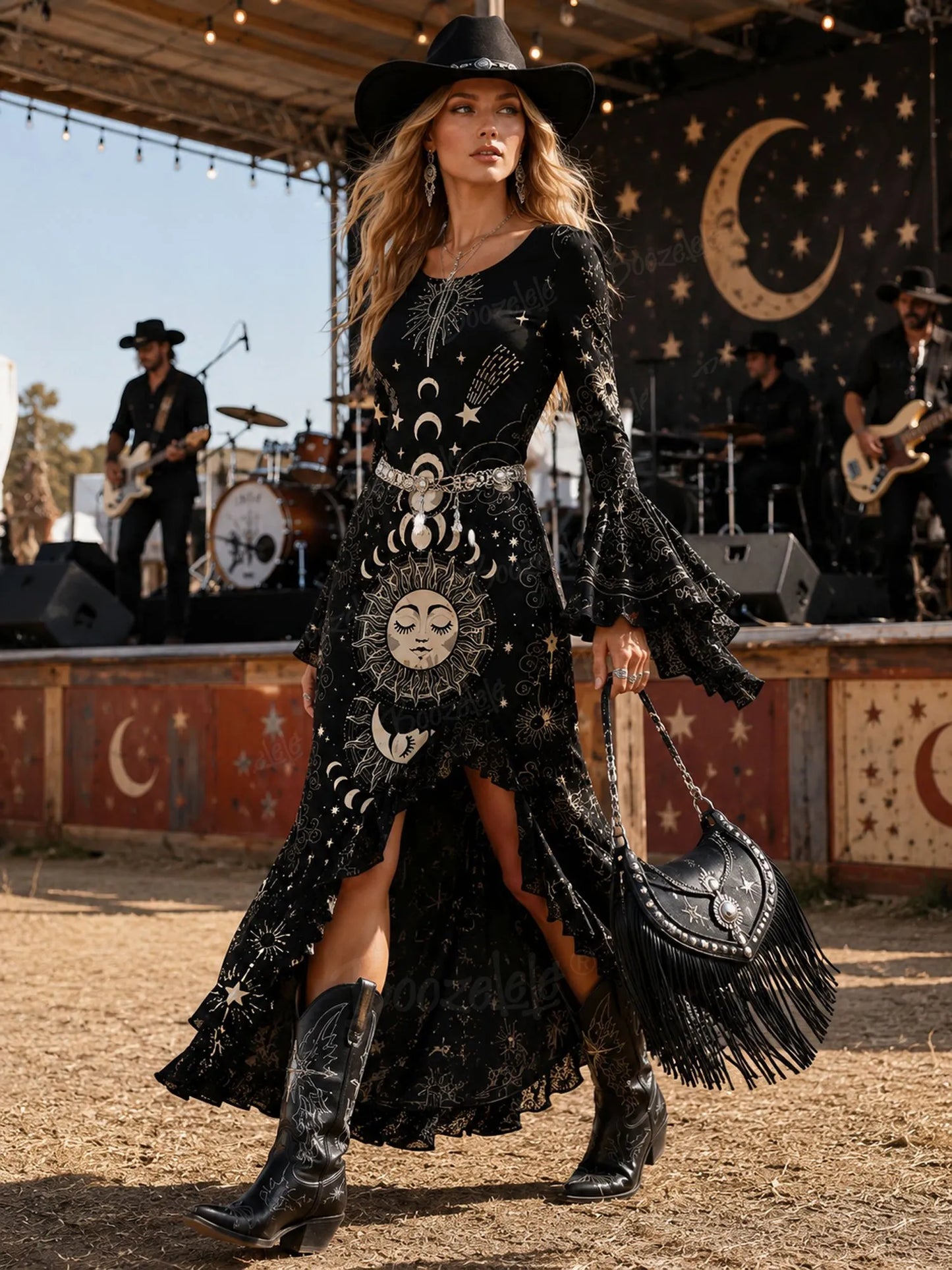 Black Gold Foil Celestial Print Bell Sleeve Slit Boho Maxi Dress