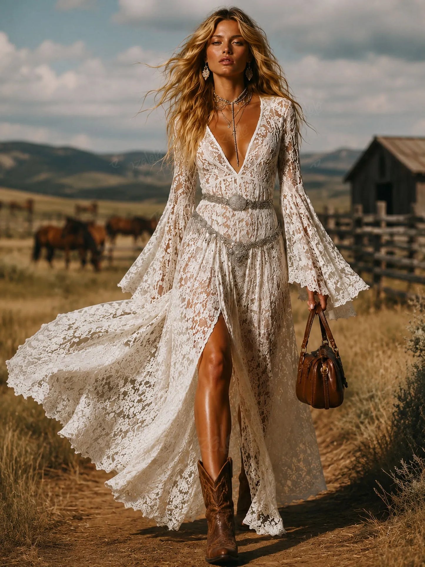 White Cutout Lace Deep V Bell Sleeve Slit Maxi Dress