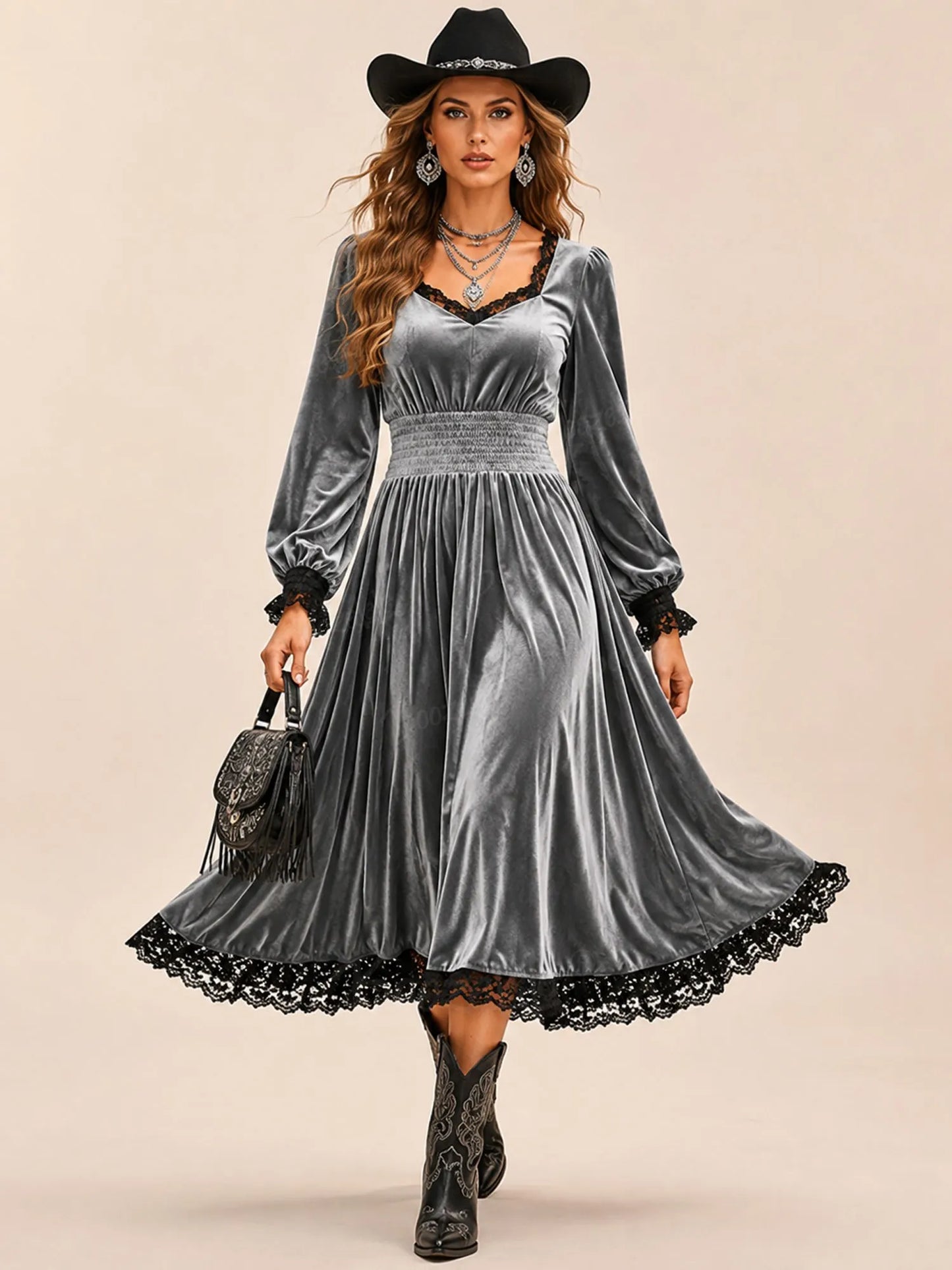 Red Modern Western Lace-Detail Velvet Midi Dress