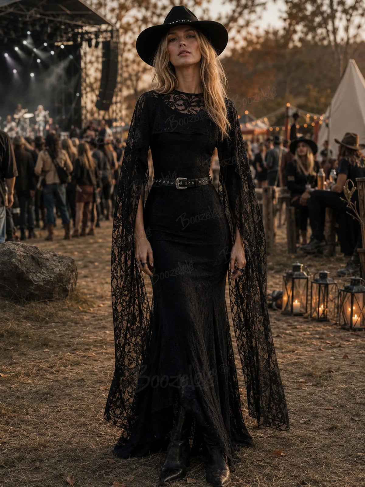 Perfect for a Western Country Wedding Guest — Women's dark brown, slim-fit,  featuring a lace shawl with ribbon ties Maxi Dress.