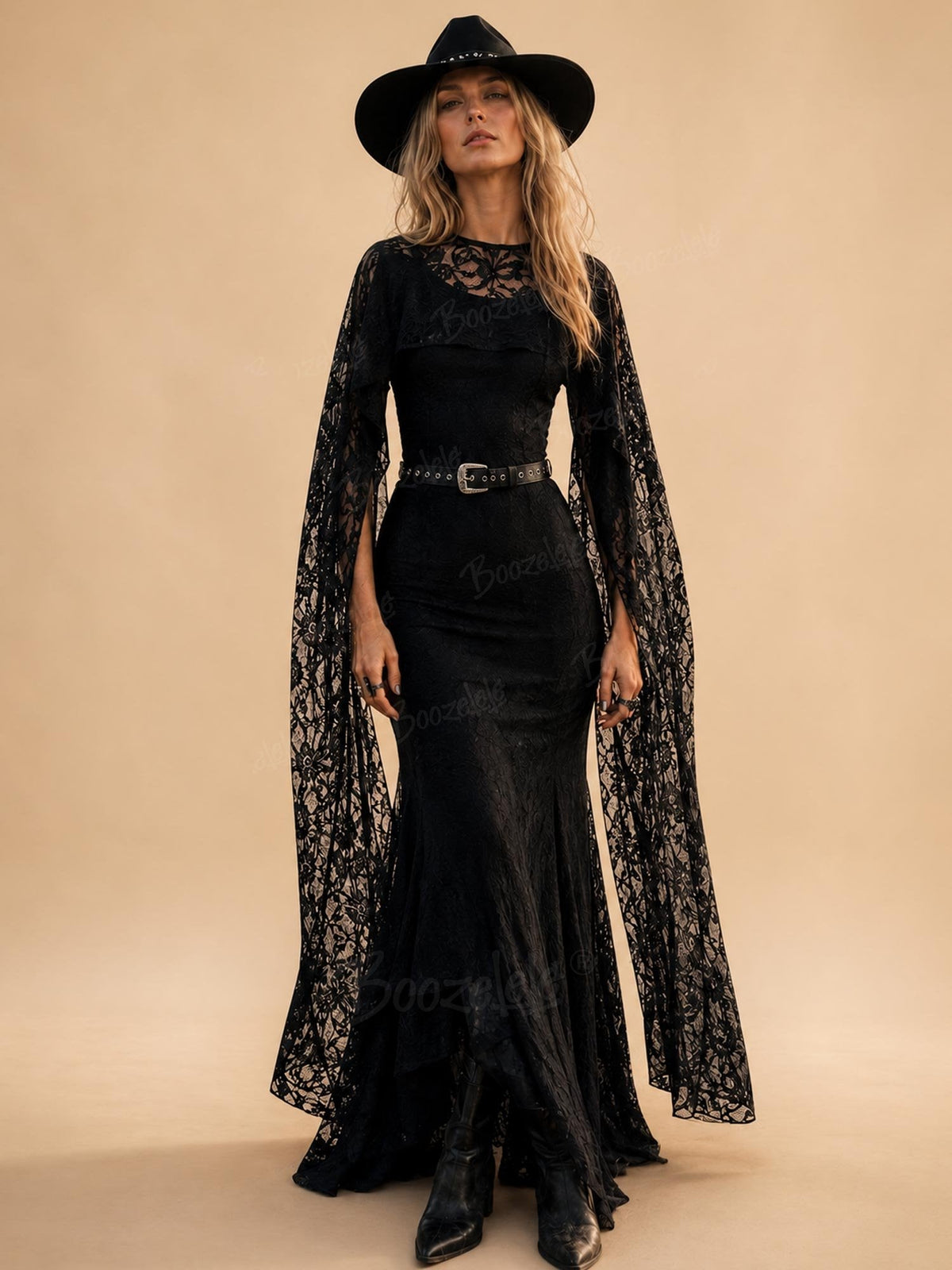 Perfect for a Western Country Wedding Guest — Women's dark brown, slim-fit,  featuring a lace shawl with ribbon ties Maxi Dress.